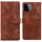 For Samsung Galaxy A22 5G Lace Floral Embossed Magnetic Buckle PU Phone Case With Wrist Strap(Brown)