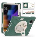 For Xiaomi Pad 7 / 7 Pro Rotatable Holder Silicone Hybrid PC Tablet Case with Shoulder Strap(Emreald Green)