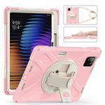 For Xiaomi Pad 7 / 7 Pro Rotatable Holder Silicone Hybrid PC Tablet Case with Shoulder Strap(Cherry Blossom Pink)