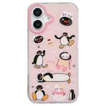 For iPhone 16 Double-sided IMD Cute Penguin Printed TPU Phone Case(Pink)