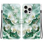 For iPhone 16 Pro Max Crystal Texture Colored Drawing Leather Phone Case(Jade Flowers)