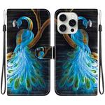 For iPhone 16 Pro Crystal Texture Colored Drawing Leather Phone Case(Peacock)