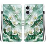 For iPhone 16 Plus Crystal Texture Colored Drawing Leather Phone Case(Jade Flowers)