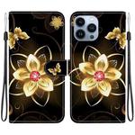 For iPhone 15 Pro Max Crystal Texture Colored Drawing Leather Phone Case(Gold Flower)