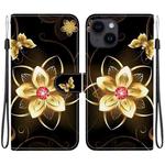 For iPhone 15 Plus Crystal Texture Colored Drawing Leather Phone Case(Gold Flower)