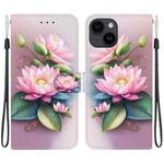 For iPhone 15 Crystal Texture Colored Drawing Leather Phone Case(Lotus)