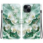 For iPhone 15 Crystal Texture Colored Drawing Leather Phone Case(Jade Flowers)