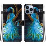 For iPhone 13 Pro Crystal Texture Colored Drawing Leather Phone Case(Peacock)