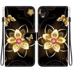 For iPhone XR Crystal Texture Colored Drawing Leather Phone Case(Gold Flower)