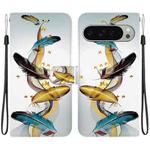 For Google Pixel 9 / 9 Pro Crystal Texture Colored Drawing Leather Phone Case(Gold Butterfly Feathers)