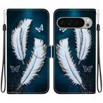 For Google Pixel 9 / 9 Pro Crystal Texture Colored Drawing Leather Phone Case(White Butterfly Feathers)