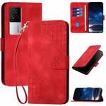 For vivo iQOO 7 India / iQOO Neo5 Grid Butterfly Embossed Pattern Leather Phone Case with Lanyard(Red)
