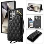 For Samsung Galaxy S25 Ultra 5G Rhombic Dual Buckle Card Slots Phone Case with Lanyard(Black)