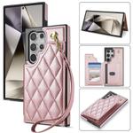 For Samsung Galaxy S25 Ultra 5G Rhombic Dual Buckle Card Slots Phone Case with Lanyard(Rose Gold)
