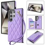 For Samsung Galaxy S25 Ultra 5G Rhombic Dual Buckle Card Slots Phone Case with Lanyard(Purple)