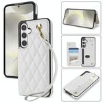 For Samsung Galaxy S25+ 5G Rhombic Dual Buckle Card Slots Phone Case with Lanyard(White)