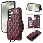 For Samsung Galaxy S24+ 5G Rhombic Dual Buckle Card Slots Phone Case with Lanyard(Wine Red)