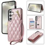 For Samsung Galaxy S24+ 5G Rhombic Dual Buckle Card Slots Phone Case with Lanyard(Rose Gold)