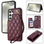 For Samsung Galaxy S24 5G Rhombic Dual Buckle Card Slots Phone Case with Lanyard(Wine Red)