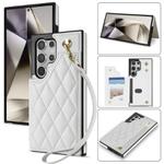 For Samsung Galaxy S23 Ultra 5G Rhombic Dual Buckle Card Slots Phone Case with Lanyard(White)