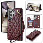 For Samsung Galaxy S23 Ultra 5G Rhombic Dual Buckle Card Slots Phone Case with Lanyard(Wine Red)