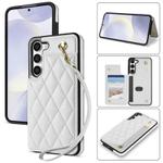 For Samsung Galaxy S23+ 5G Rhombic Dual Buckle Card Slots Phone Case with Lanyard(White)