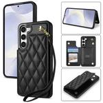 For Samsung Galaxy S23+ 5G Rhombic Dual Buckle Card Slots Phone Case with Lanyard(Black)