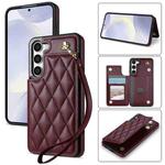 For Samsung Galaxy S23+ 5G Rhombic Dual Buckle Card Slots Phone Case with Lanyard(Wine Red)