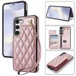 For Samsung Galaxy S23+ 5G Rhombic Dual Buckle Card Slots Phone Case with Lanyard(Rose Gold)