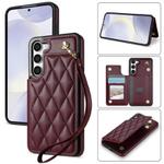 For Samsung Galaxy S23 5G Rhombic Dual Buckle Card Slots Phone Case with Lanyard(Wine Red)