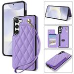 For Samsung Galaxy S23 5G Rhombic Dual Buckle Card Slots Phone Case with Lanyard(Purple)