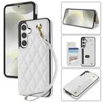 For Samsung Galaxy S23 FE 5G Rhombic Dual Buckle Card Slots Phone Case with Lanyard(White)