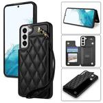 For Samsung Galaxy S22 5G Rhombic Dual Buckle Card Slots Phone Case with Lanyard(Black)