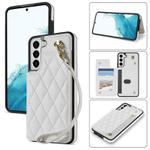 For Samsung Galaxy S21+ 5G Rhombic Dual Buckle Card Slots Phone Case with Lanyard(White)