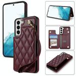 For Samsung Galaxy S21+ 5G Rhombic Dual Buckle Card Slots Phone Case with Lanyard(Wine Red)