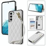 For Samsung Galaxy S21 5G Rhombic Dual Buckle Card Slots Phone Case with Lanyard(White)