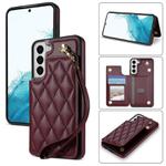 For Samsung Galaxy S21 5G Rhombic Dual Buckle Card Slots Phone Case with Lanyard(Wine Red)