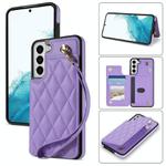 For Samsung Galaxy S21 5G Rhombic Dual Buckle Card Slots Phone Case with Lanyard(Purple)