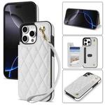 For iPhone 16 Pro Max Rhombic Dual Buckle Card Slots Phone Case with Lanyard(White)