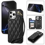 For iPhone 16 Pro Max Rhombic Dual Buckle Card Slots Phone Case with Lanyard(Black)