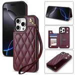 For iPhone 16 Pro Max Rhombic Dual Buckle Card Slots Phone Case with Lanyard(Wine Red)