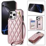 For iPhone 16 Pro Max Rhombic Dual Buckle Card Slots Phone Case with Lanyard(Rose Gold)