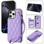 For iPhone 16 Pro Max Rhombic Dual Buckle Card Slots Phone Case with Lanyard(Purple)