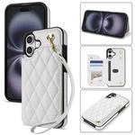 For iPhone 16 Plus Rhombic Dual Buckle Card Slots Phone Case with Lanyard(White)