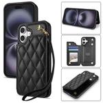 For iPhone 16 Plus Rhombic Dual Buckle Card Slots Phone Case with Lanyard(Black)