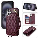 For iPhone 16 Plus Rhombic Dual Buckle Card Slots Phone Case with Lanyard(Wine Red)