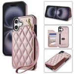 For iPhone 16 Plus Rhombic Dual Buckle Card Slots Phone Case with Lanyard(Rose Gold)