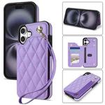 For iPhone 16 Plus Rhombic Dual Buckle Card Slots Phone Case with Lanyard(Purple)