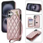 For iPhone 16 Rhombic Dual Buckle Card Slots Phone Case with Lanyard(Rose Gold)