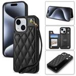 For iPhone 15 Plus Rhombic Dual Buckle Card Slots Phone Case with Lanyard(Black)